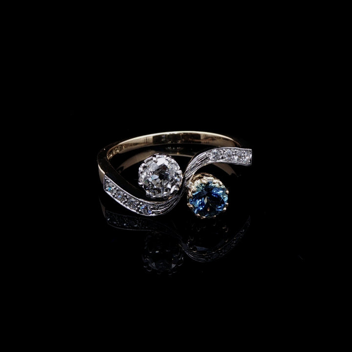 18ct Yellow Gold and Platinum 1.32ct Aquamarine and 1.16ct Old Cut Diamond Toi et Moi Crossover Ring