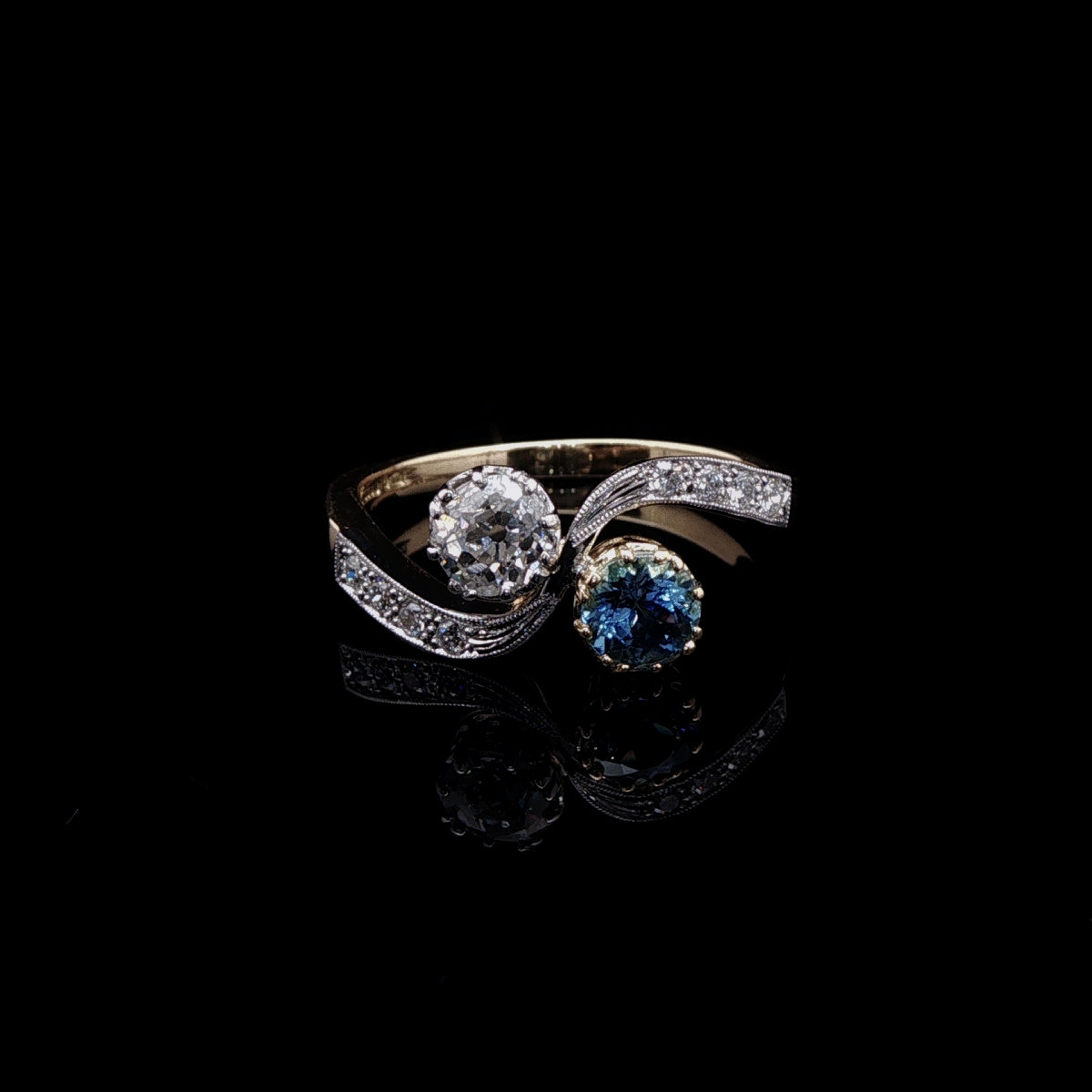 18ct Yellow Gold and Platinum 1.32ct Aquamarine and 1.16ct Old Cut Diamond Toi et Moi Crossover Ring