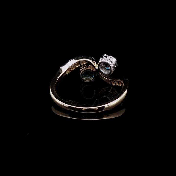 18ct Yellow Gold and Platinum 1.32ct Aquamarine and 1.16ct Old Cut Diamond Toi et Moi Crossover Ring