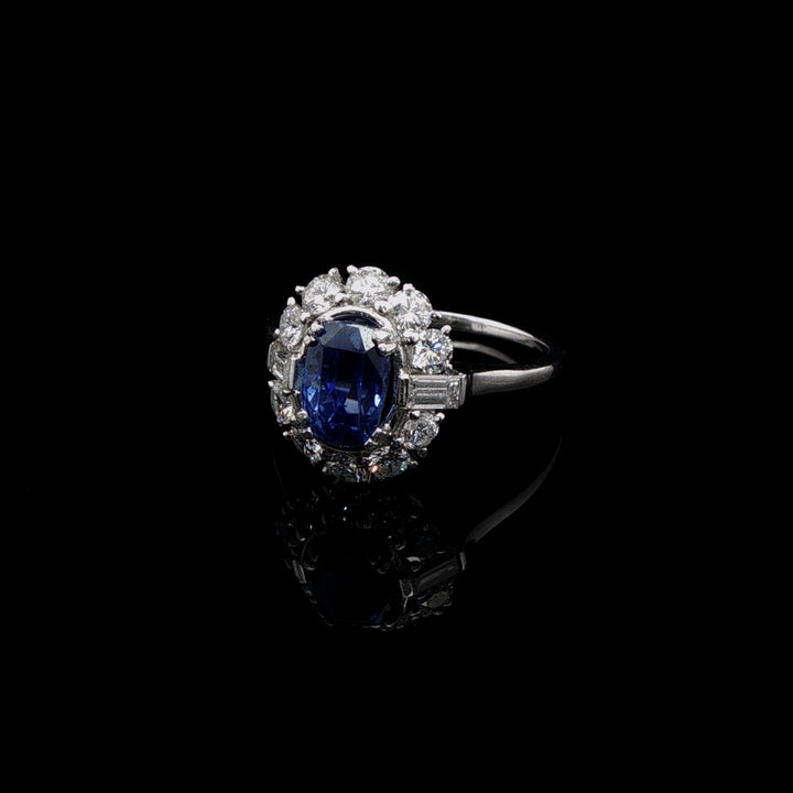 Vintage Platinum 0.50ct Sapphire and 0.60ct Diamond Cluster Ring