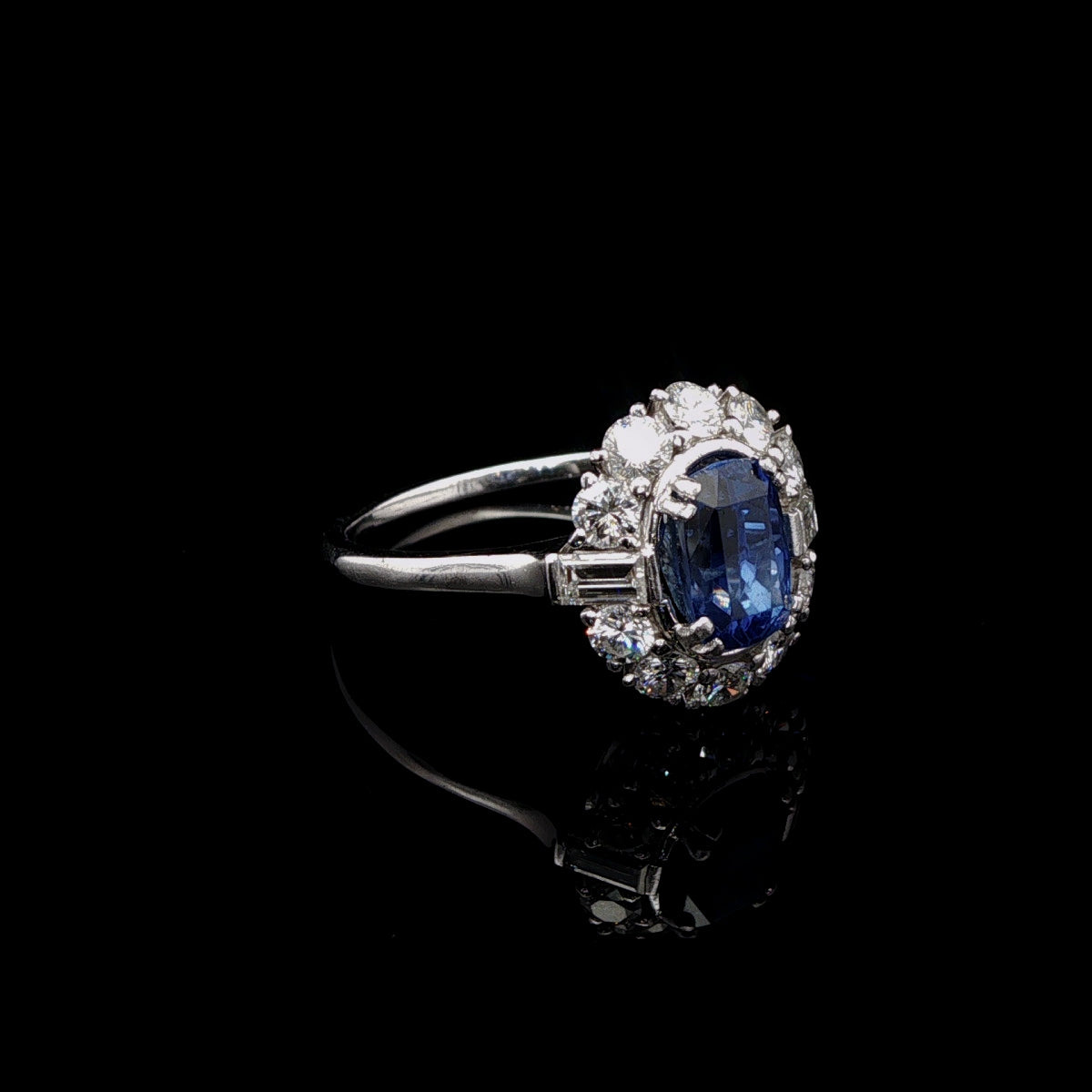 Vintage Platinum 0.50ct Sapphire and 0.60ct Diamond Cluster Ring
