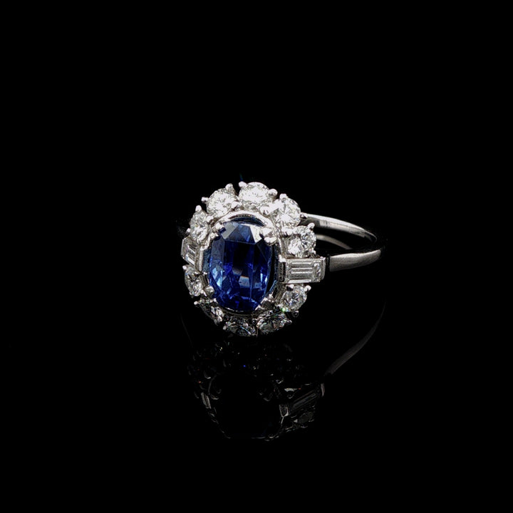 Vintage Platinum 0.50ct Sapphire and 0.60ct Diamond Cluster Ring