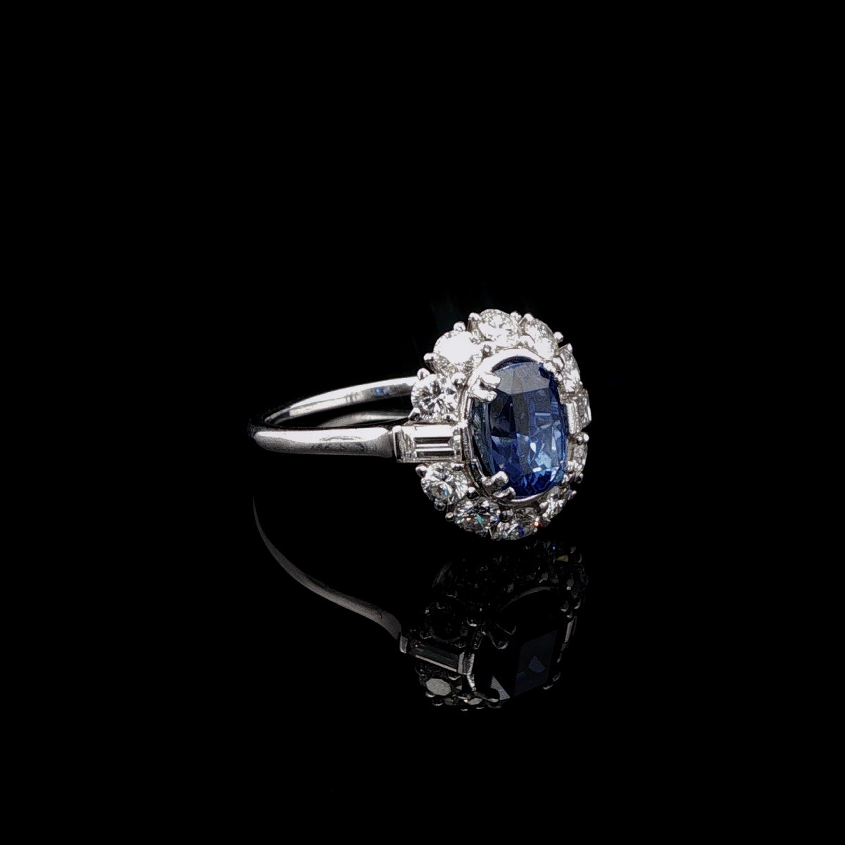 Vintage Platinum 0.50ct Sapphire and 0.60ct Diamond Cluster Ring