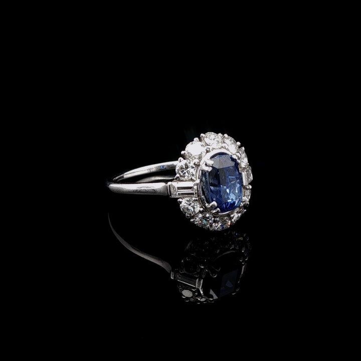 Vintage Platinum 0.50ct Sapphire and 0.60ct Diamond Cluster Ring