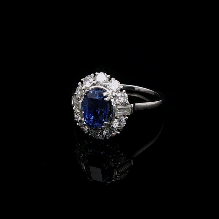 Vintage Platinum 0.50ct Sapphire and 0.60ct Diamond Cluster Ring