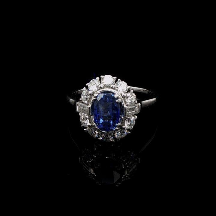 Vintage Platinum 0.50ct Sapphire and 0.60ct Diamond Cluster Ring