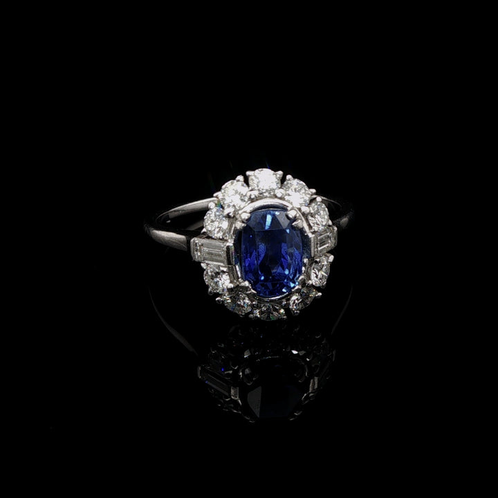 Vintage Platinum 0.50ct Sapphire and 0.60ct Diamond Cluster Ring