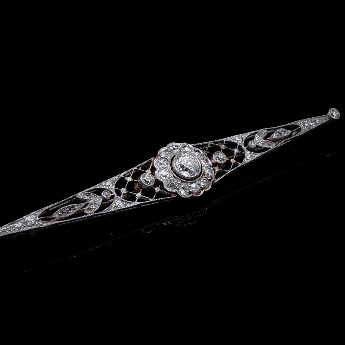 Antique Edwardian 15ct Gold, Platinum and Old Cut Diamond Bar Brooch, Circa 1905