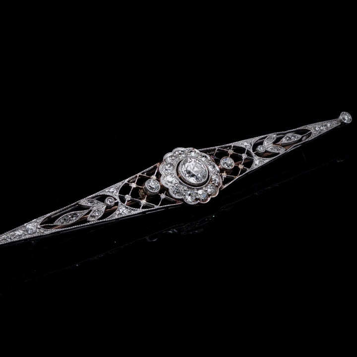 Antique Edwardian 15ct Gold, Platinum and Old Cut Diamond Bar Brooch, Circa 1905