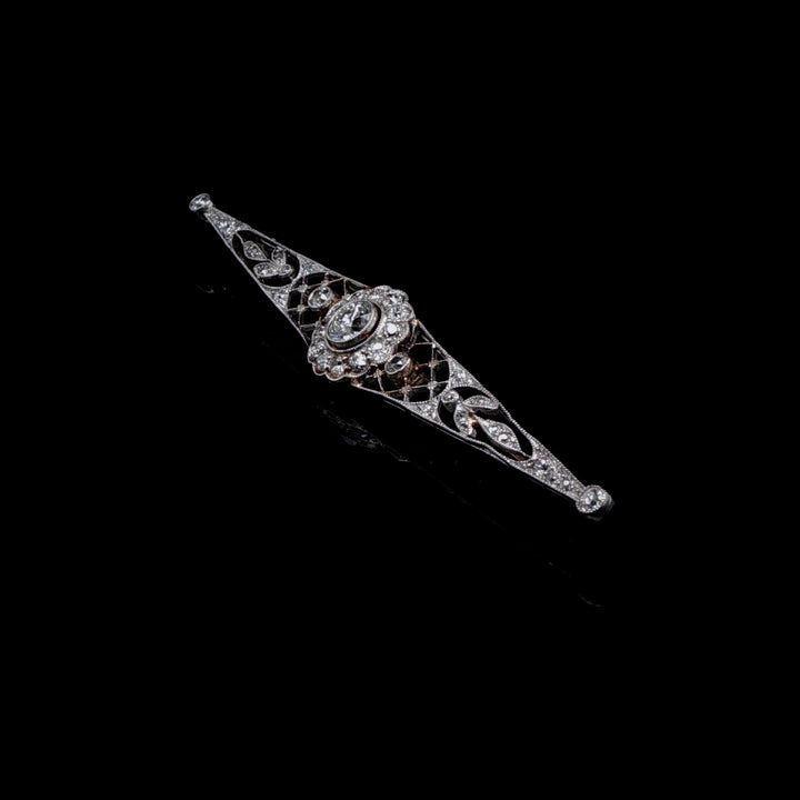 Antique Edwardian 15ct Gold, Platinum and Old Cut Diamond Bar Brooch, Circa 1905