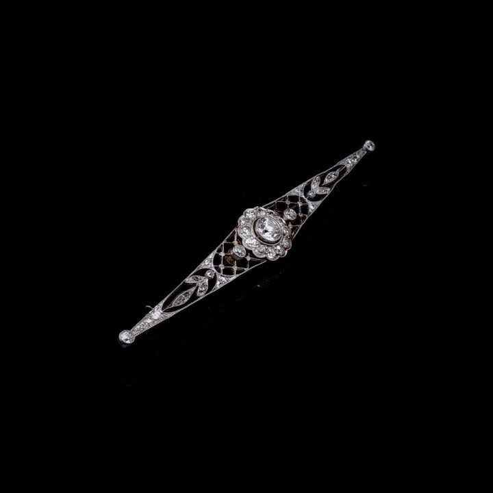 Antique Edwardian 15ct Gold, Platinum and Old Cut Diamond Bar Brooch, Circa 1905