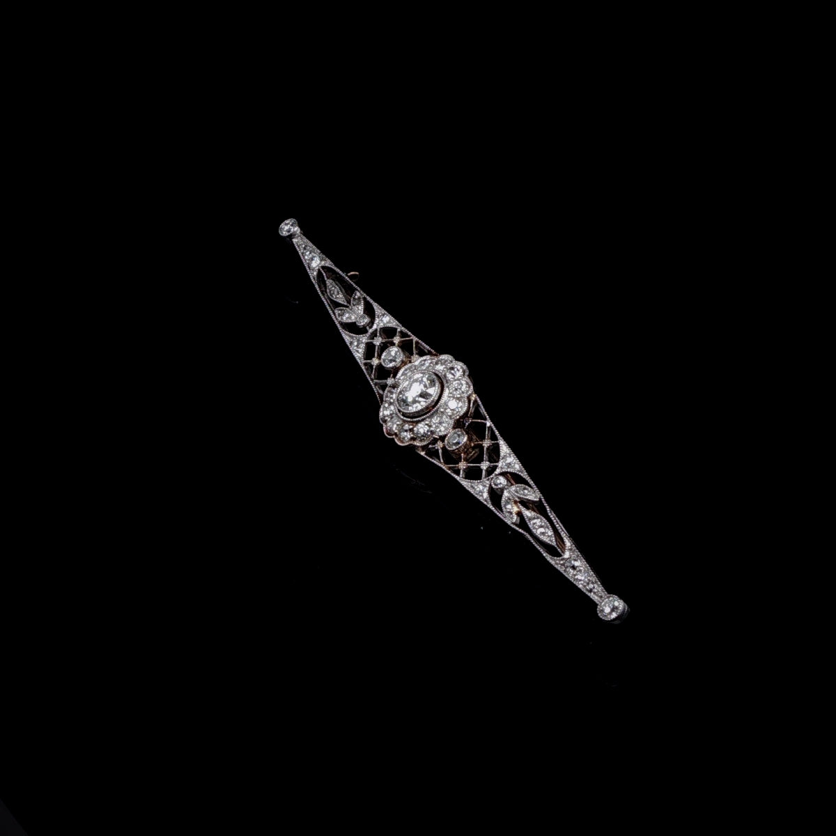 Antique Edwardian 15ct Gold, Platinum and Old Cut Diamond Bar Brooch, Circa 1905