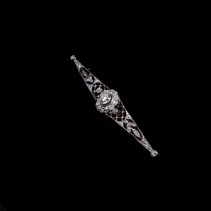 Antique Edwardian 15ct Gold, Platinum and Old Cut Diamond Bar Brooch, Circa 1905