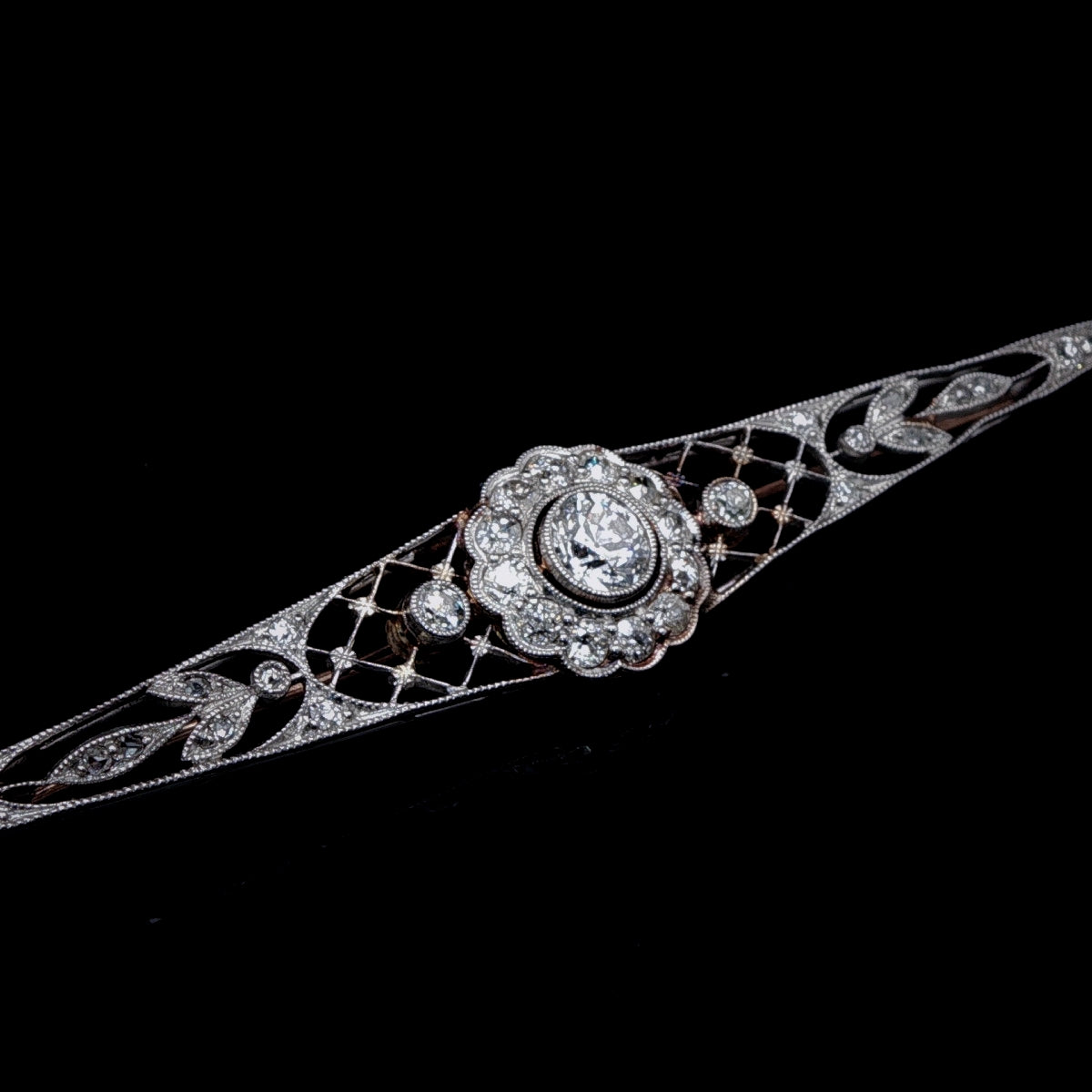 Antique Edwardian 15ct Gold, Platinum and Old Cut Diamond Bar Brooch, Circa 1905