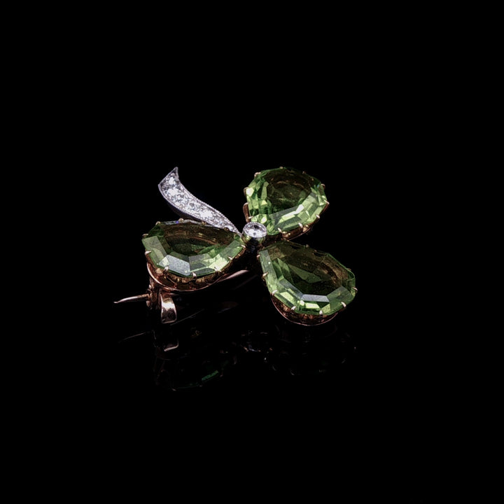Art Deco Gold and Platinum Peridot and  Old Cut Diamond Clover Brooch, Circa 1920