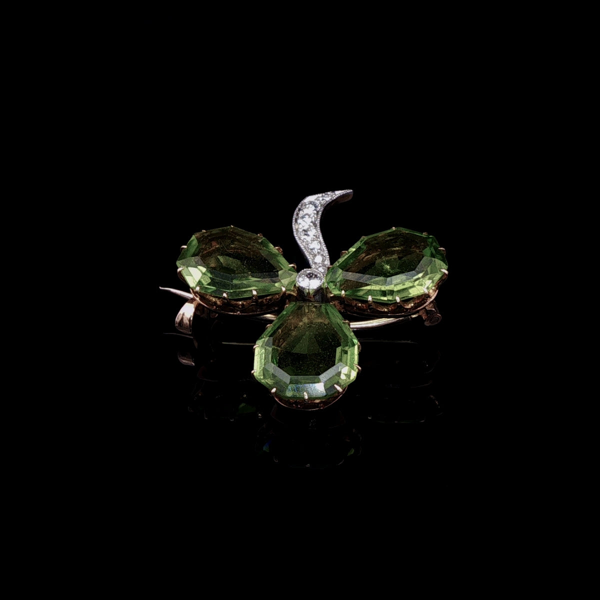 Art Deco Gold and Platinum Peridot and  Old Cut Diamond Clover Brooch, Circa 1920
