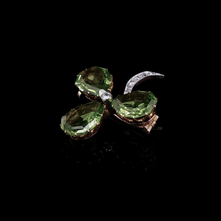 Art Deco Gold and Platinum Peridot and  Old Cut Diamond Clover Brooch, Circa 1920