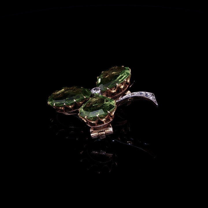Art Deco Gold and Platinum Peridot and  Old Cut Diamond Clover Brooch, Circa 1920