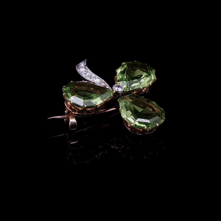Art Deco Gold and Platinum Peridot and  Old Cut Diamond Clover Brooch, Circa 1920