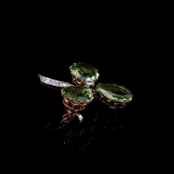Art Deco Gold and Platinum Peridot and  Old Cut Diamond Clover Brooch, Circa 1920