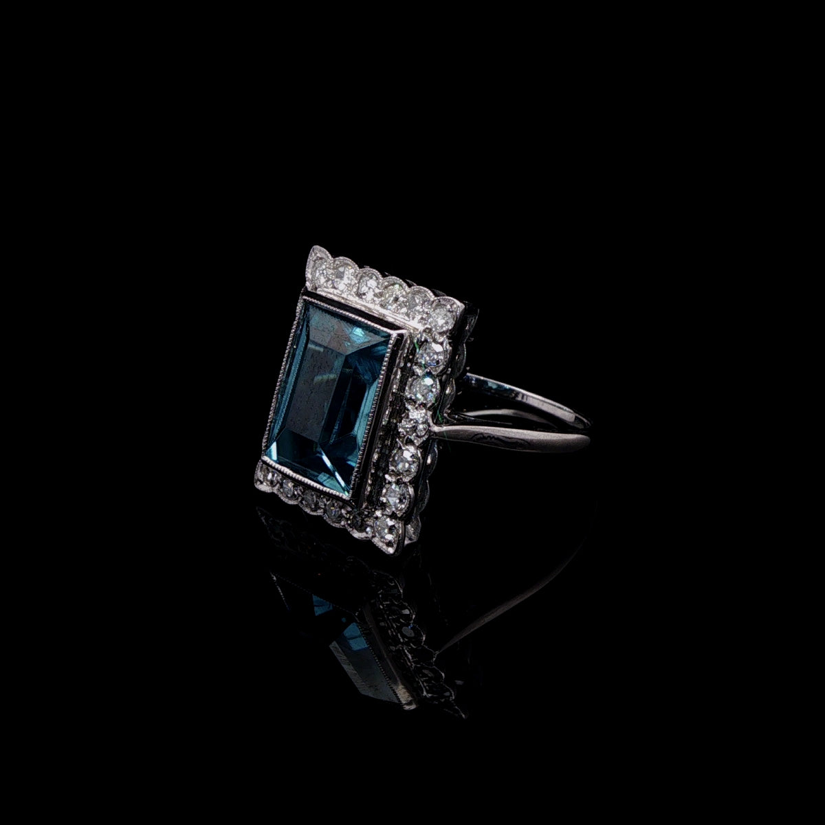 Vintage 18ct White Gold Blue Zircon and Brilliant Cut Diamond Cocktail Ring