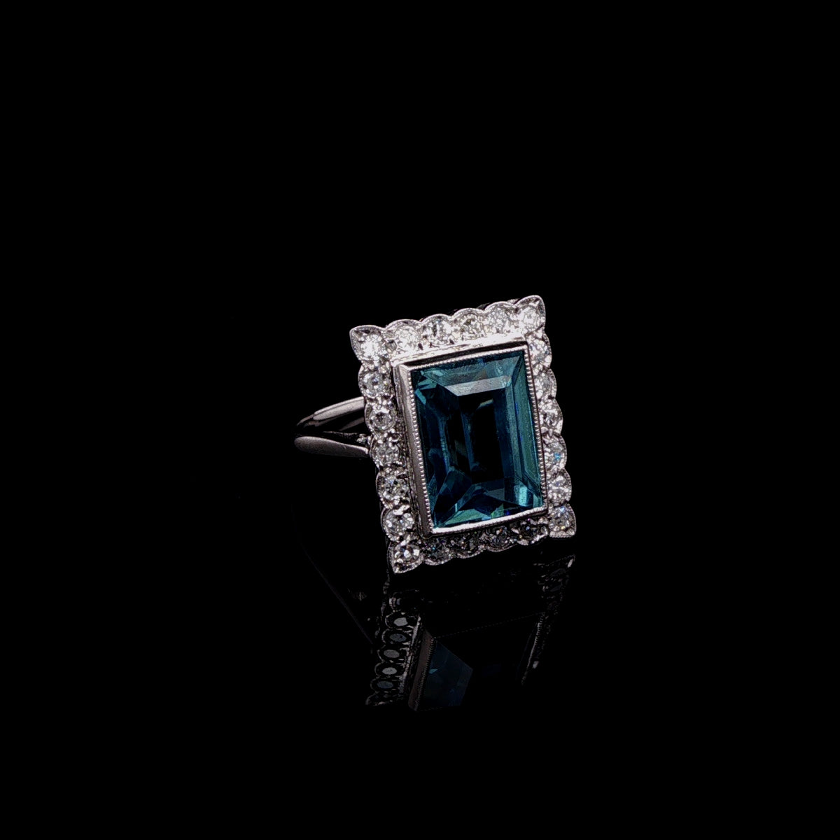 Vintage 18ct White Gold Blue Zircon and Brilliant Cut Diamond Cocktail Ring