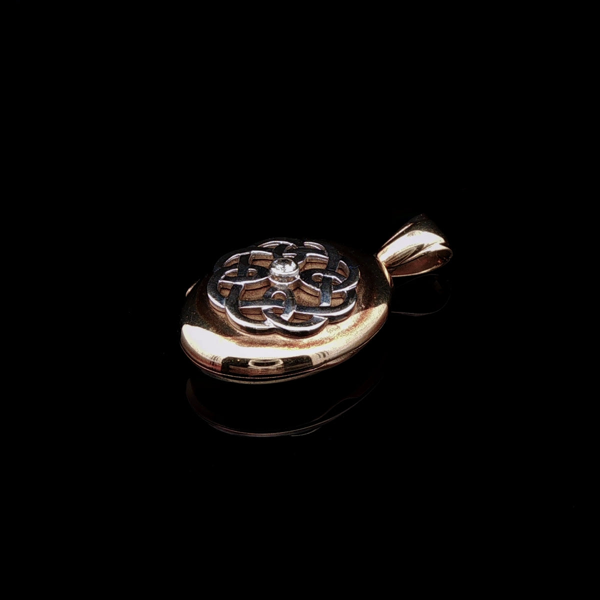 Vintage 9ct Yellow and White Gold Diamond Celtic Knot Engraved Oval Locket