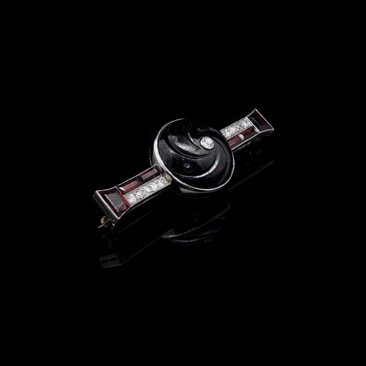 Art Deco Carved Garnet, Old Cut Diamond and Platinum Brooch, Circa 1935