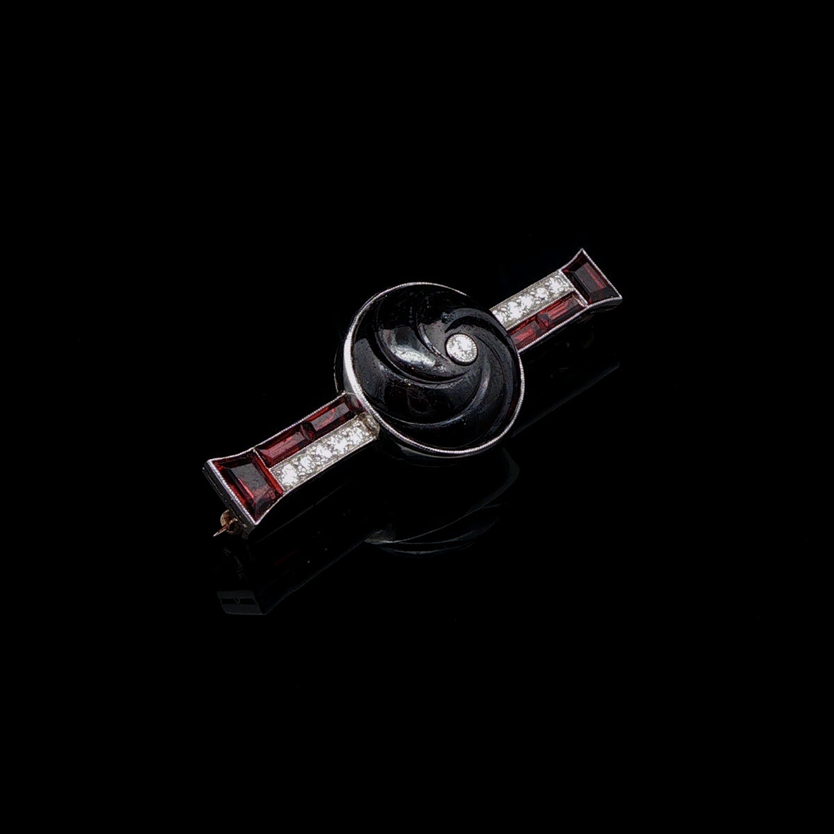 Art Deco Carved Garnet, Old Cut Diamond and Platinum Brooch, Circa 1935