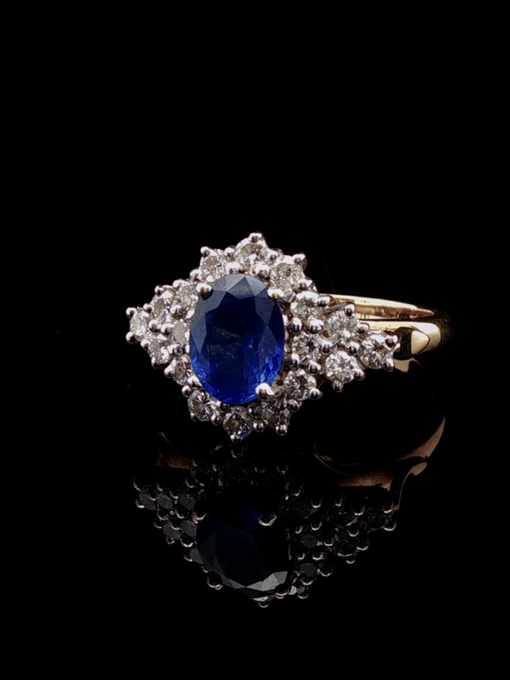 Vintage 18ct Yellow Gold Oval 0.75ct Sapphire and 0.90ct Diamond Cluster Ring