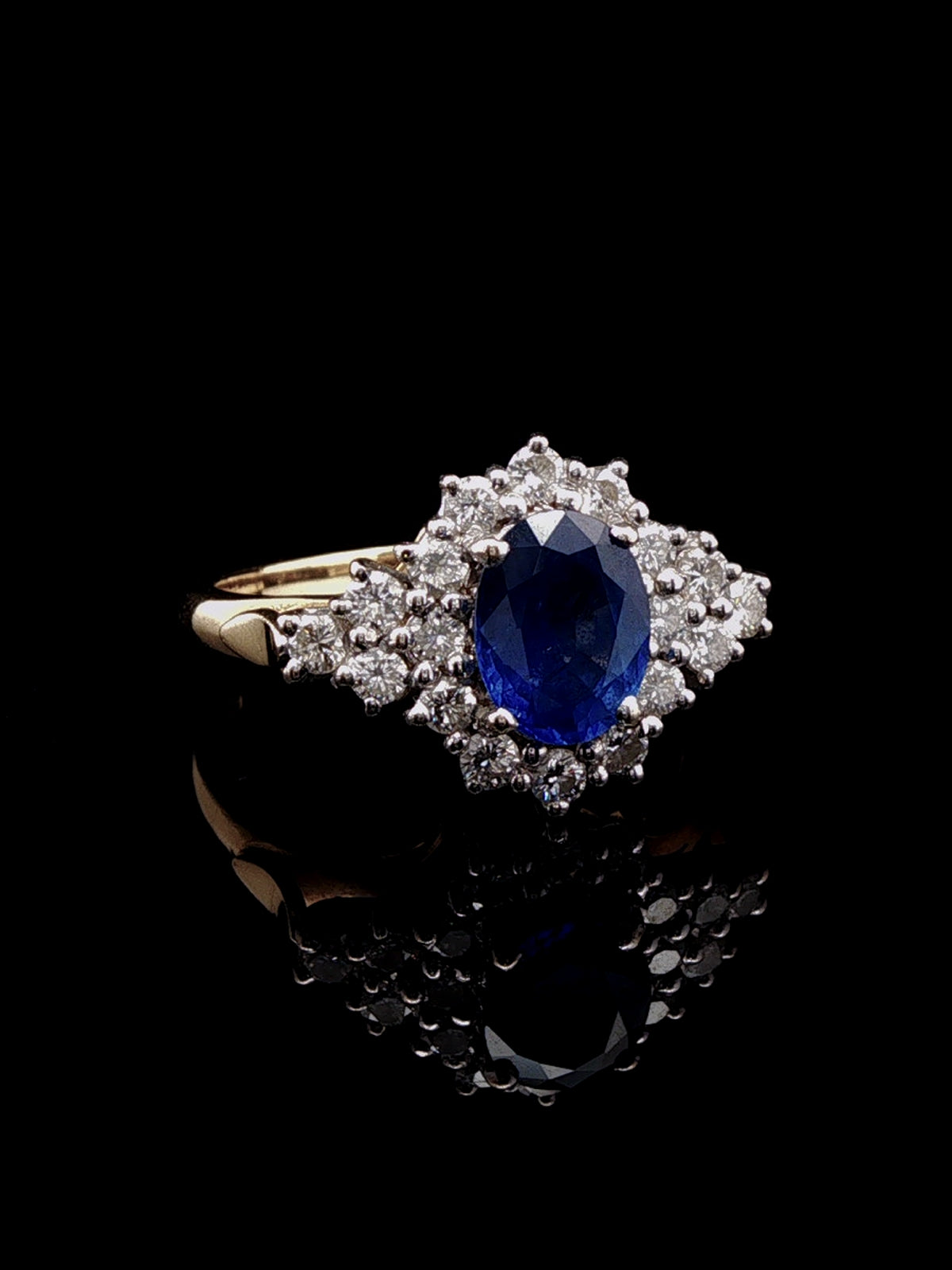 Vintage 18ct Yellow Gold Oval 0.75ct Sapphire and 0.90ct Diamond Cluster Ring