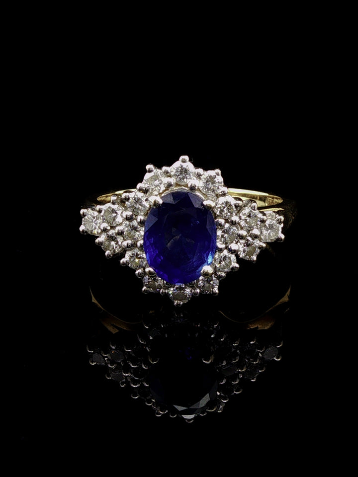 Vintage 18ct Yellow Gold Oval 0.75ct Sapphire and 0.90ct Diamond Cluster Ring