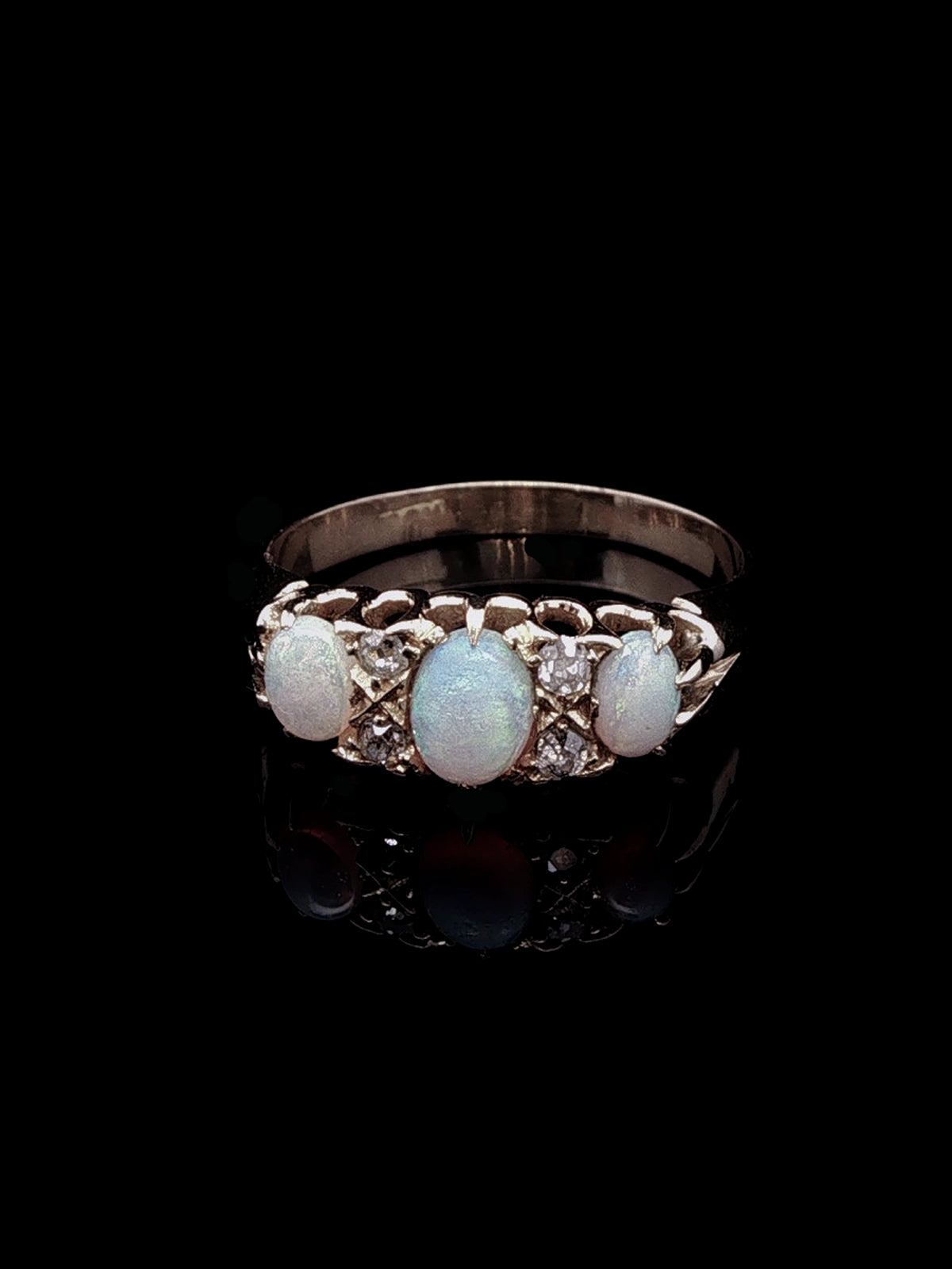 Antique 18ct Yellow Gold Opal and Old Cut Diamond Ring, Circa 1900