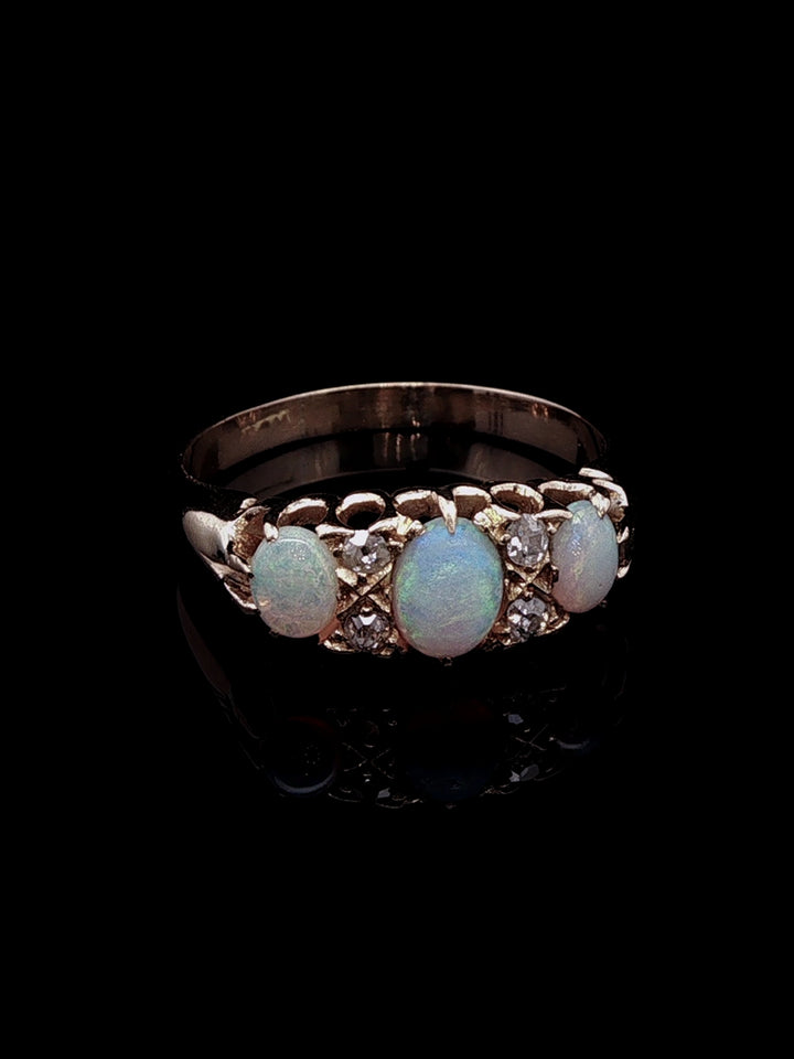Antique 18ct Yellow Gold Opal and Old Cut Diamond Ring, Circa 1900