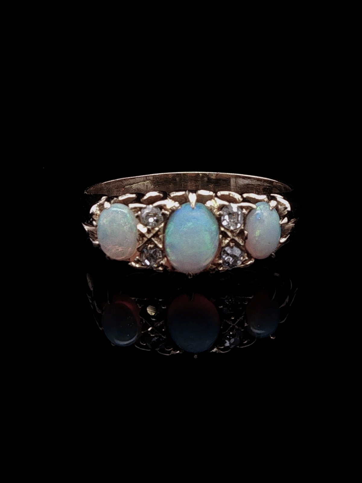 Antique 18ct Yellow Gold Opal and Old Cut Diamond Ring, Circa 1900