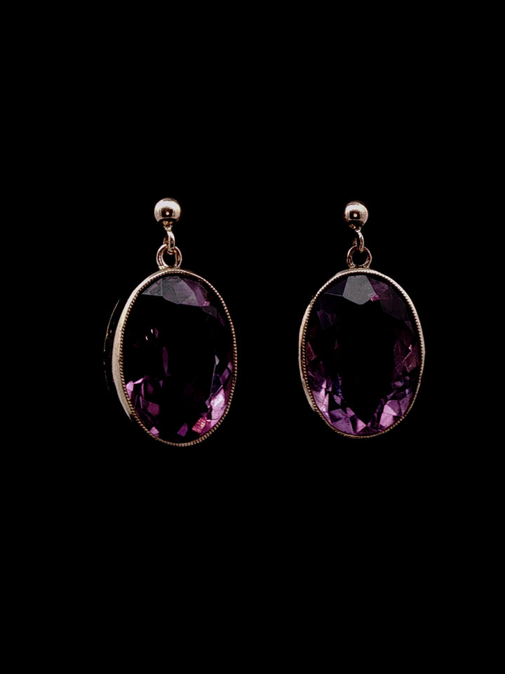 Vintage 9ct Yellow Gold Oval Amethyst Drop Earrings