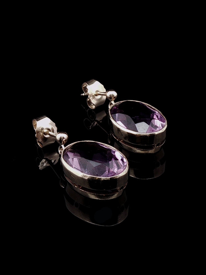 Vintage 9ct Yellow Gold Oval Amethyst Drop Earrings