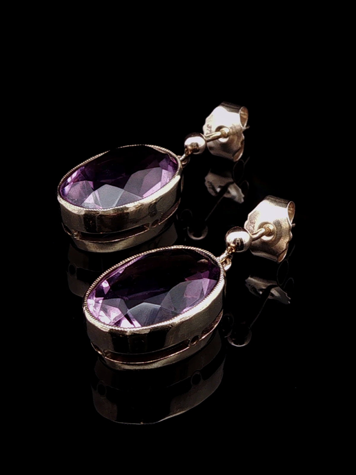 Vintage 9ct Yellow Gold Oval Amethyst Drop Earrings