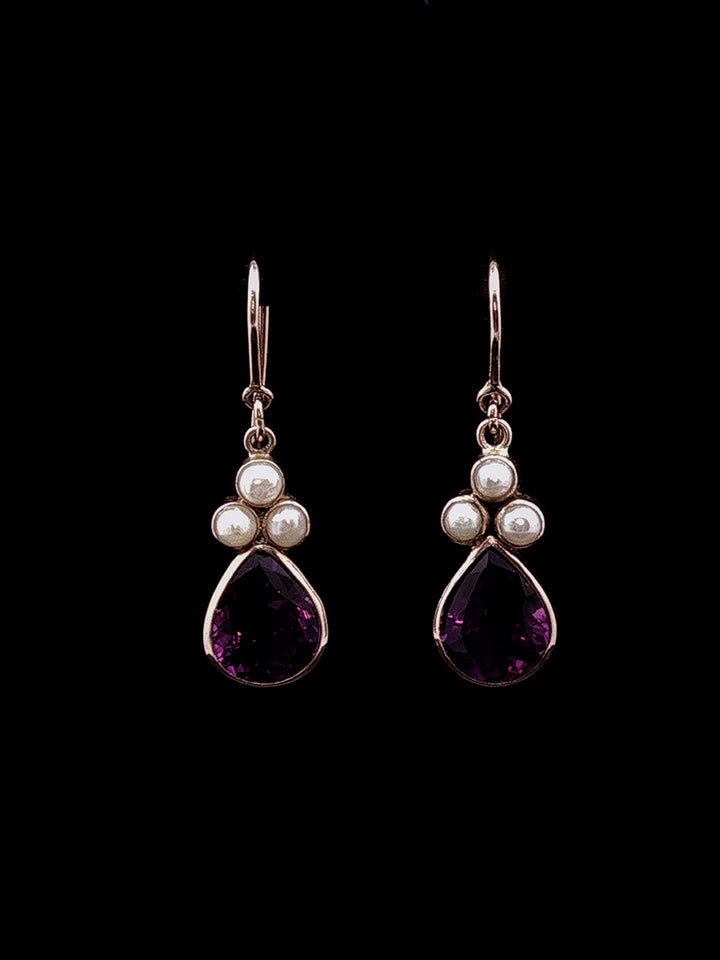 Vintage 9ct Yellow Gold Pear Cut Amethyst and  Pearl Drop Earrings