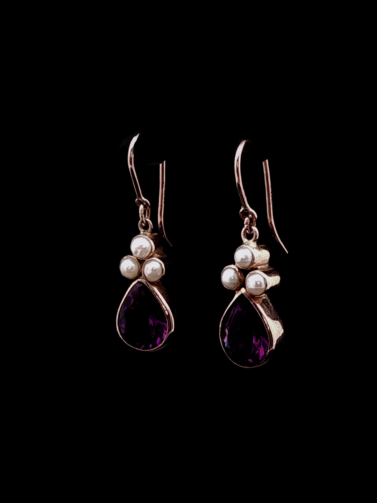 Vintage 9ct Yellow Gold Pear Cut Amethyst and  Pearl Drop Earrings