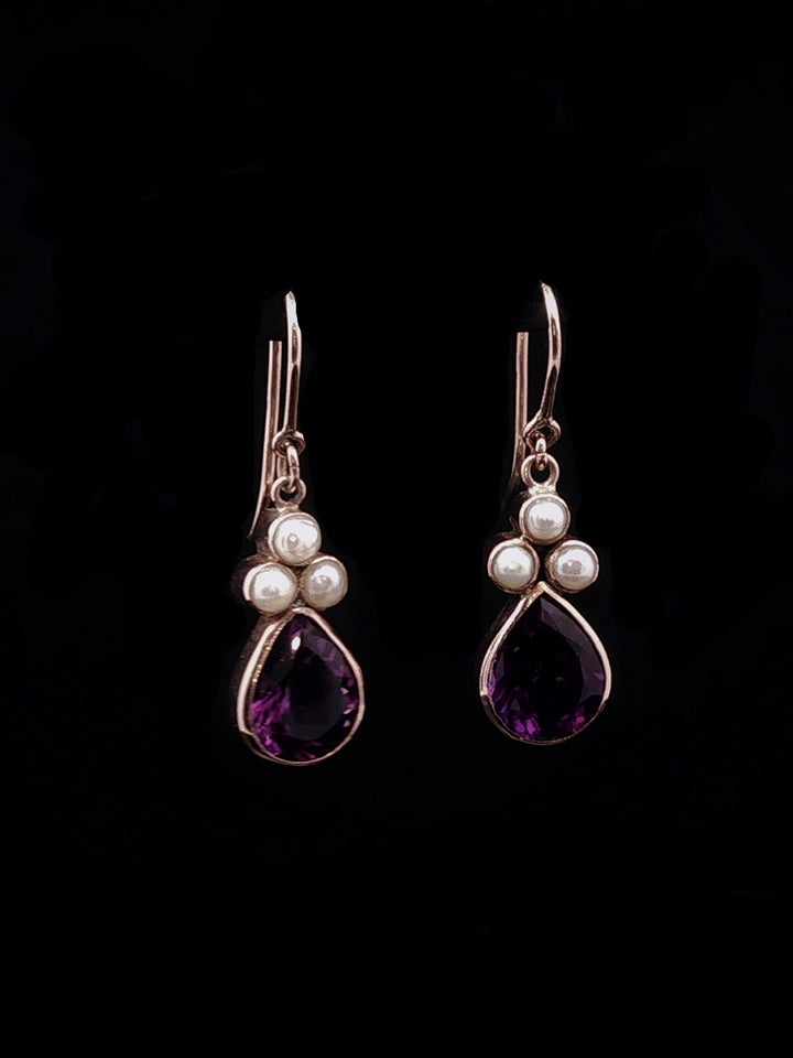 Vintage 9ct Yellow Gold Pear Cut Amethyst and  Pearl Drop Earrings