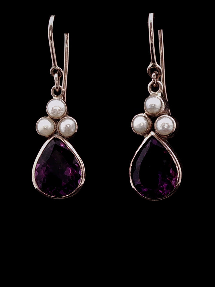 Vintage 9ct Yellow Gold Pear Cut Amethyst and  Pearl Drop Earrings
