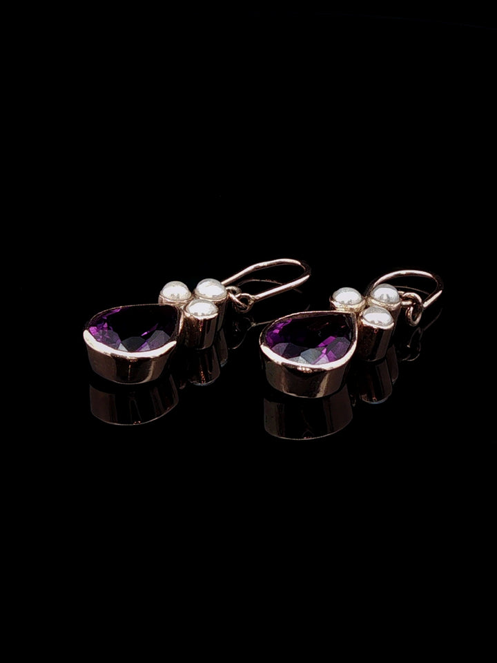 Vintage 9ct Yellow Gold Pear Cut Amethyst and  Pearl Drop Earrings