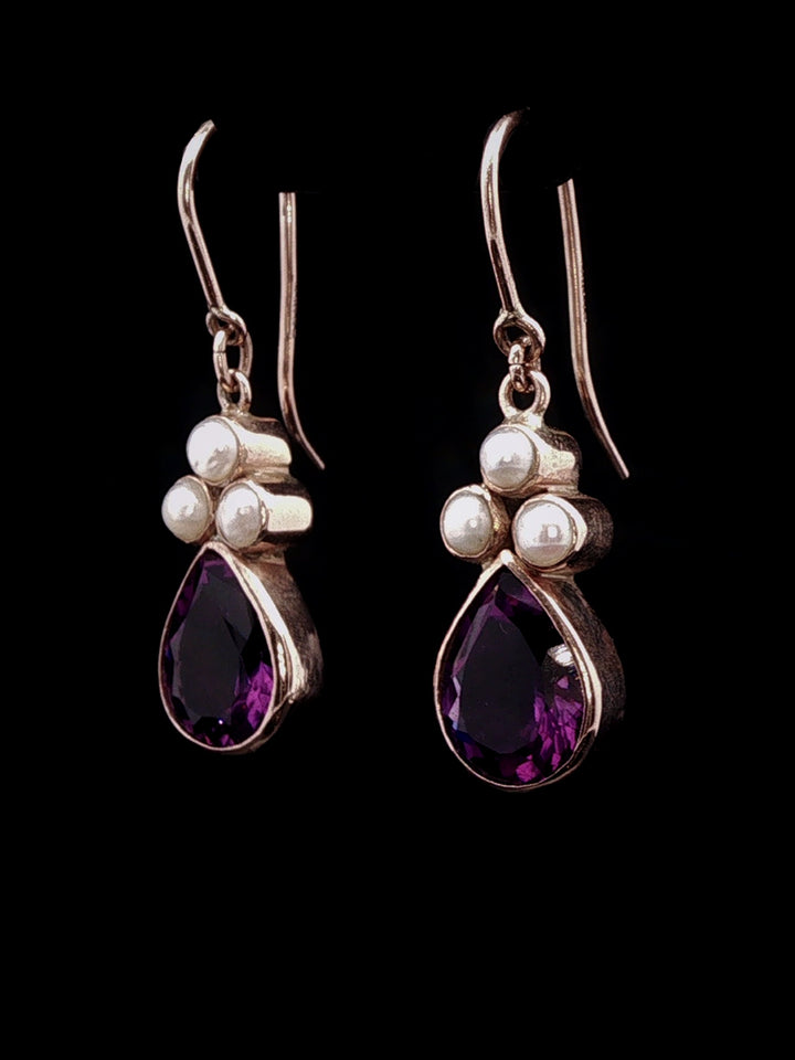 Vintage 9ct Yellow Gold Pear Cut Amethyst and  Pearl Drop Earrings