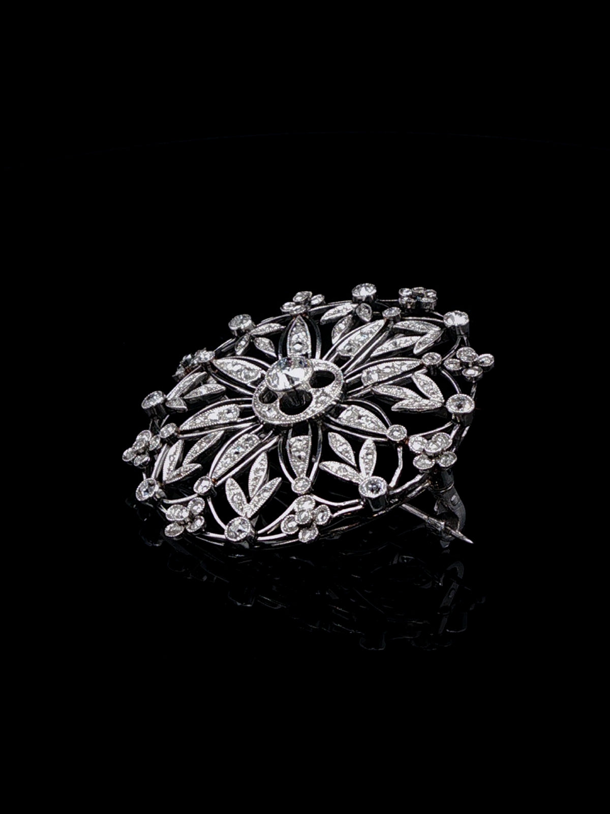 Antique Edwardian Platinum Diamond Floral Cluster Brooch, Circa 1915