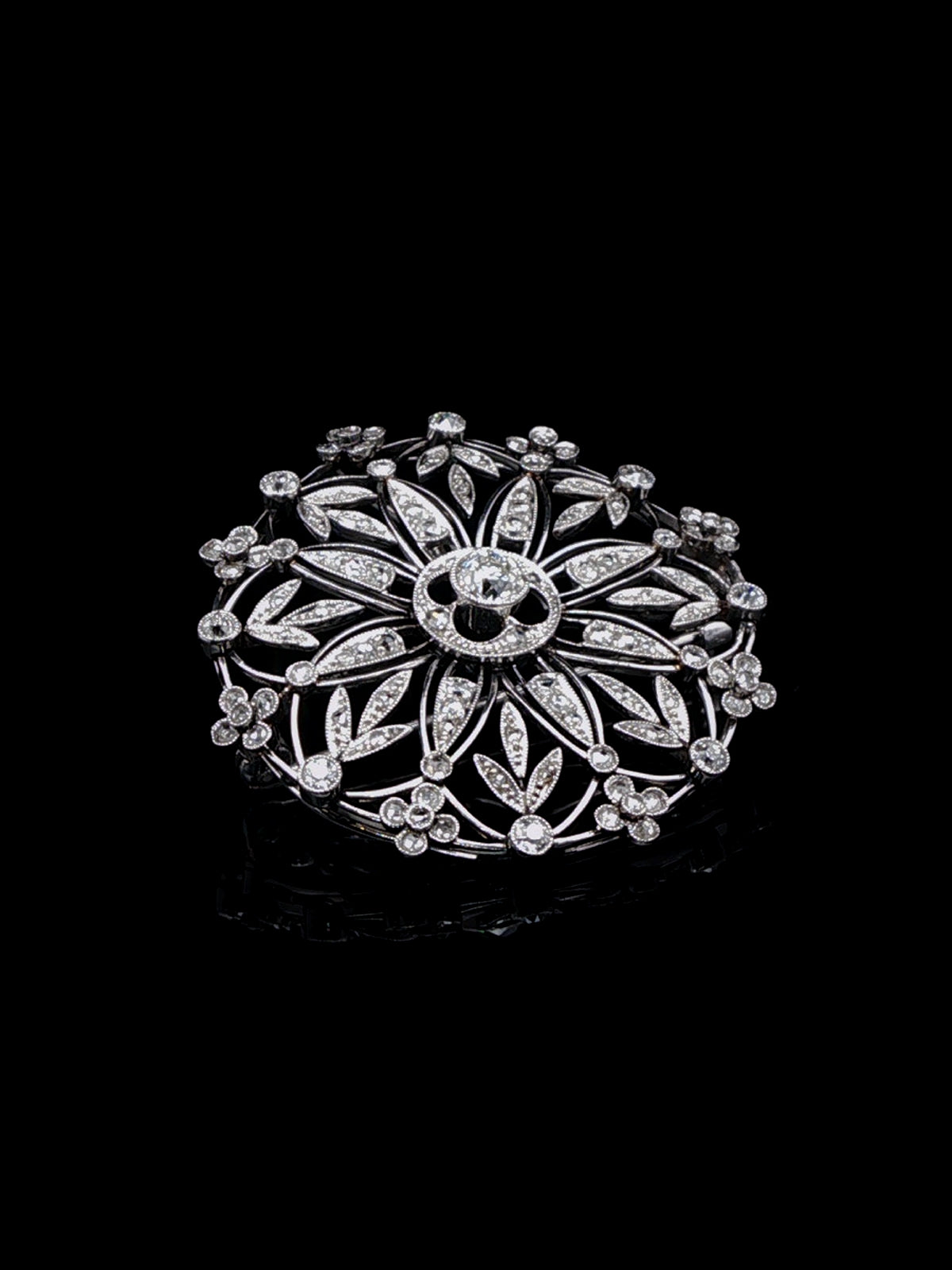 Antique Edwardian Platinum Diamond Floral Cluster Brooch, Circa 1915