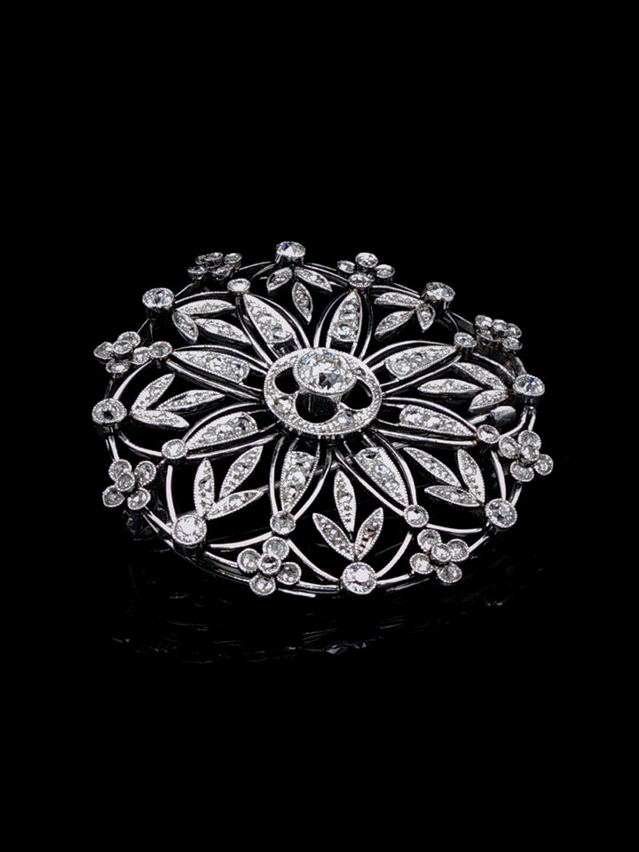 Antique Edwardian Platinum Diamond Floral Cluster Brooch, Circa 1915
