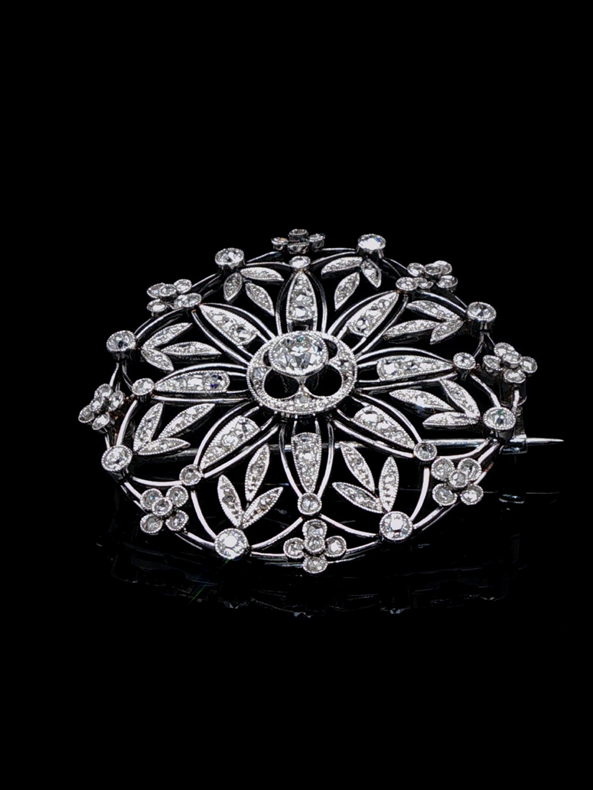 Antique Edwardian Platinum Diamond Floral Cluster Brooch, Circa 1915