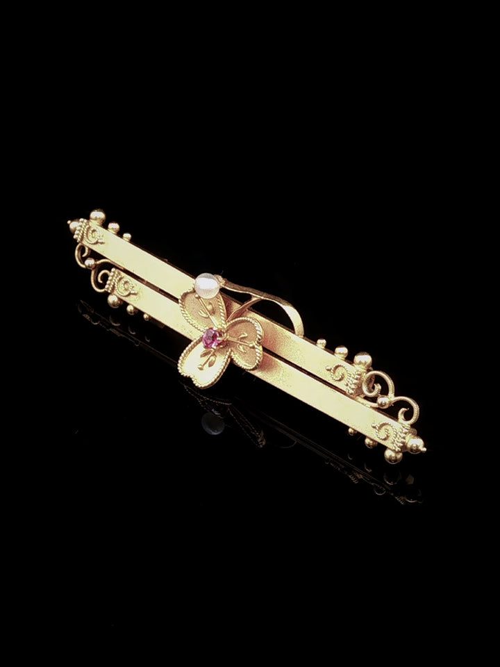 Antique Edwardian 15ct Gold Clover Ruby and Pearl Bar Brooch, Chester 1902