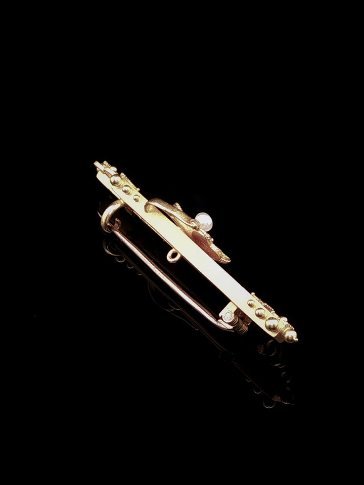 Antique Edwardian 15ct Gold Clover Ruby and Pearl Bar Brooch, Chester 1902